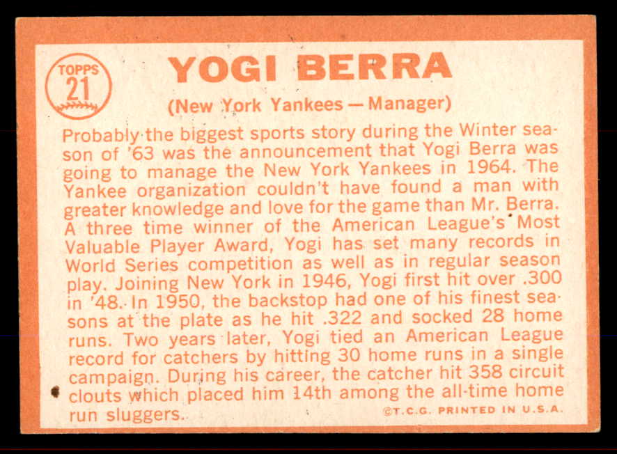 1964 Topps Baseball #021 Yogi Berra Yankees EX+/EX-MT 545828