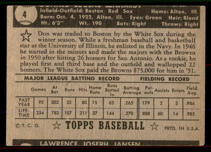 1952 Topps Baseball #004 Don Lenhardt Red Sox VG Black 545859
