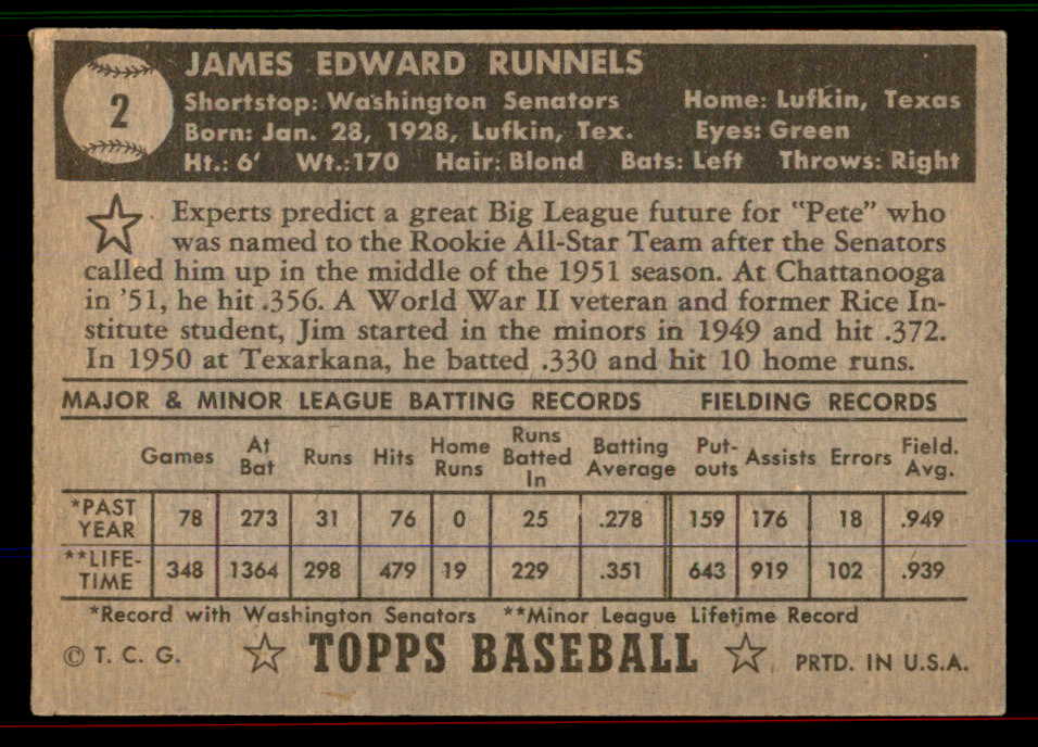 1952 Topps Baseball #002 Pete Runnels Senators VG-EX Black 545862