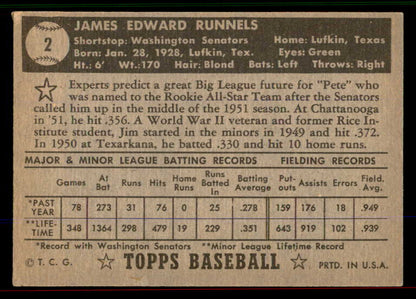 1952 Topps Baseball #002 Pete Runnels Senators VG-EX Black 545862