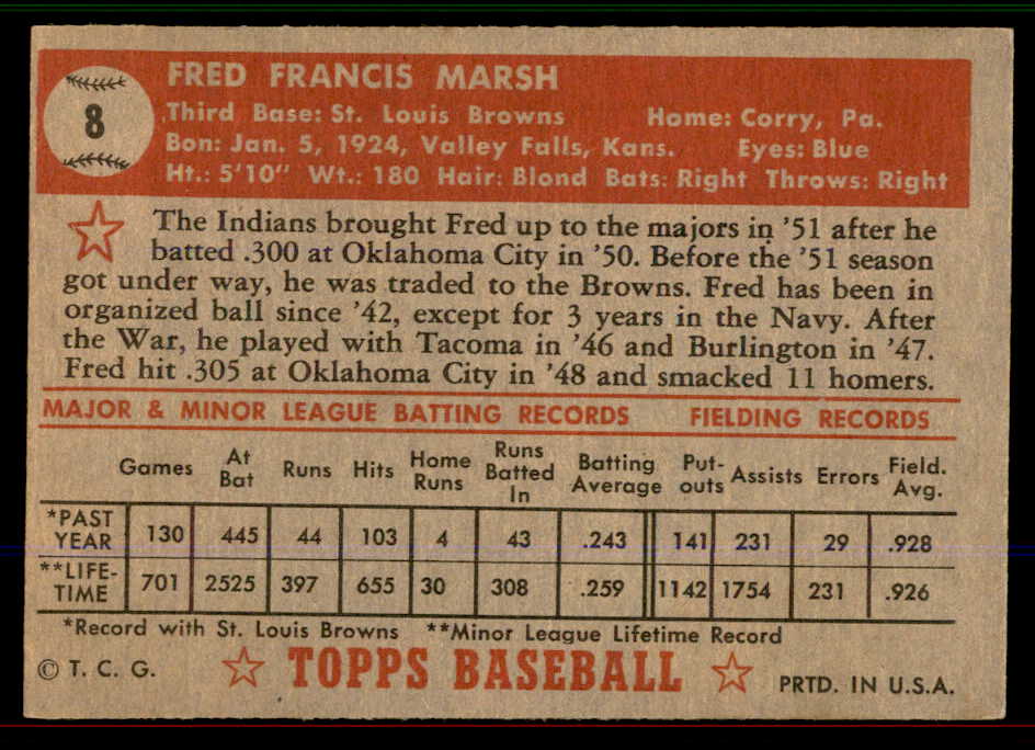 1952 Topps Baseball #008 Fred Marsh Browns EX-MT Red 545870