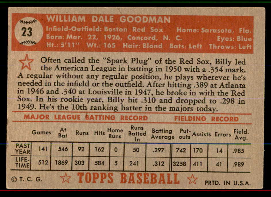 1952 Topps Baseball #023 Billy Goodman Red Sox EX-MT Red 545872