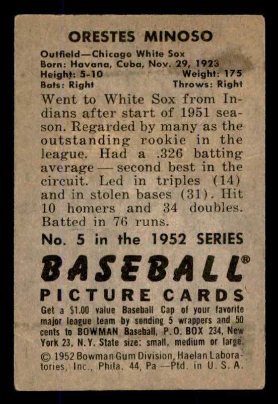 1952 Bowman Baseball #005 Minnie Minoso White Sox VG-EX 545894