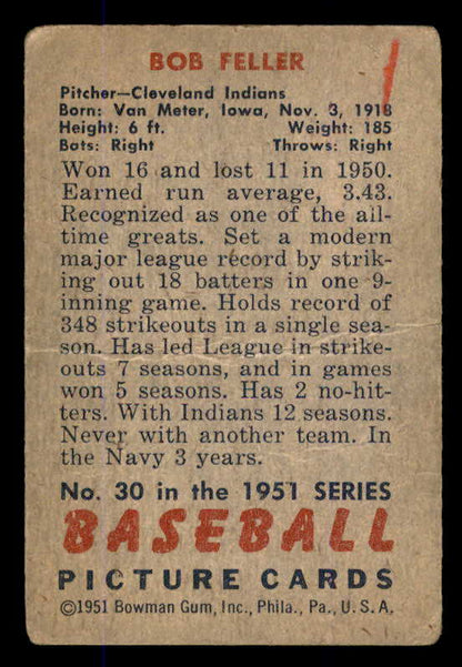 1951 Bowman Baseball #030 Bob Feller Indians Good 545901
