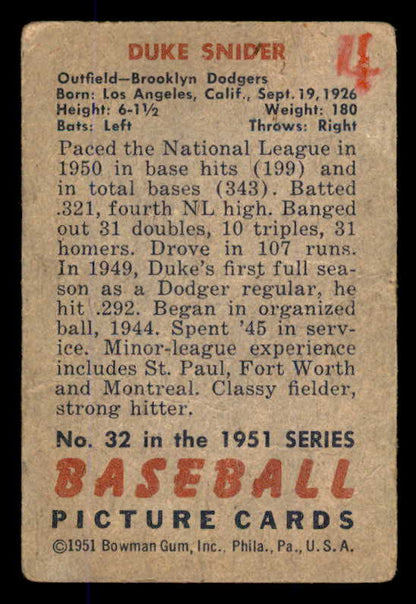 1951 Bowman Baseball #032 Duke Snider Dodgers Fair 545902