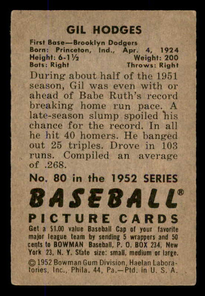 1952 Bowman Baseball #080 Gil Hodges Dodgers VG-EX 545907