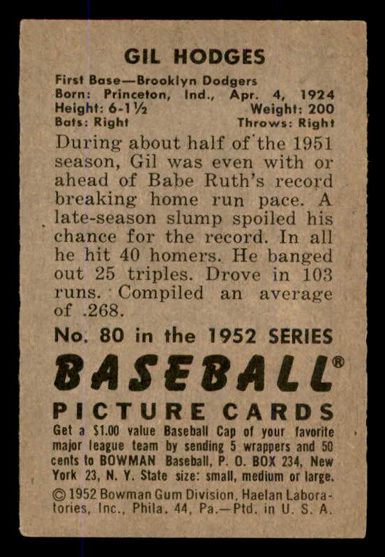 1952 Bowman Baseball #080 Gil Hodges Dodgers EX 545908