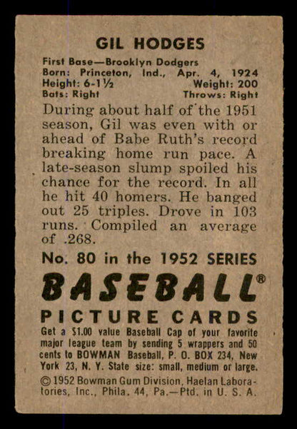 1952 Bowman Baseball #080 Gil Hodges Dodgers EX 545908