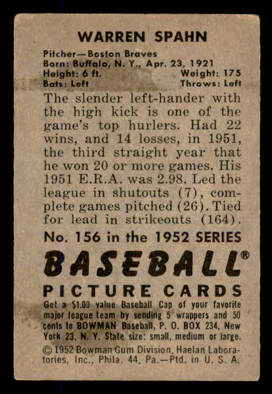 1952 Bowman Baseball #156 Warren Spahn Braves VG-EX 545910