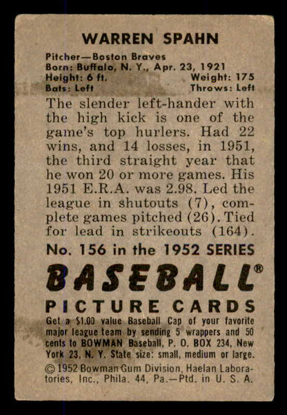 1952 Bowman Baseball #156 Warren Spahn Braves VG-EX 545910
