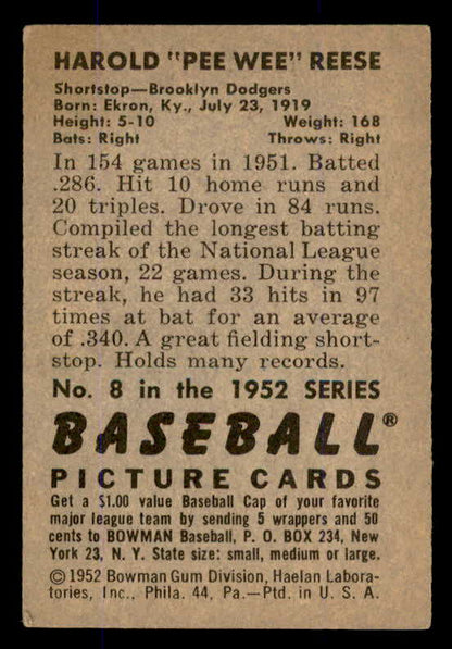 1952 Bowman Baseball #008 Pee Wee Reese Dodgers VG-EX 545911