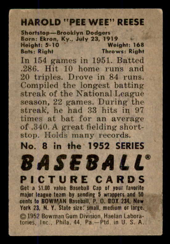 1952 Bowman Baseball #008 Pee Wee Reese Dodgers VG-EX/EX 545913