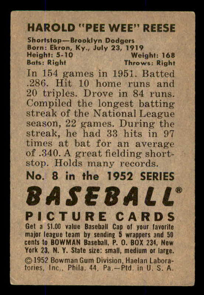 1952 Bowman Baseball #008 Pee Wee Reese Dodgers VG-EX/EX 545914