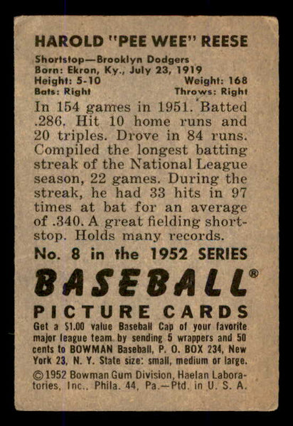 1952 Bowman Baseball #008 Pee Wee Reese Dodgers VG 545915