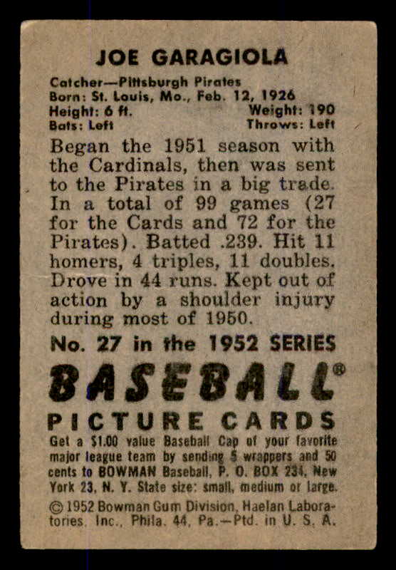 1952 Bowman Baseball #027 Joe Garagiola Pirates VG-EX 545918
