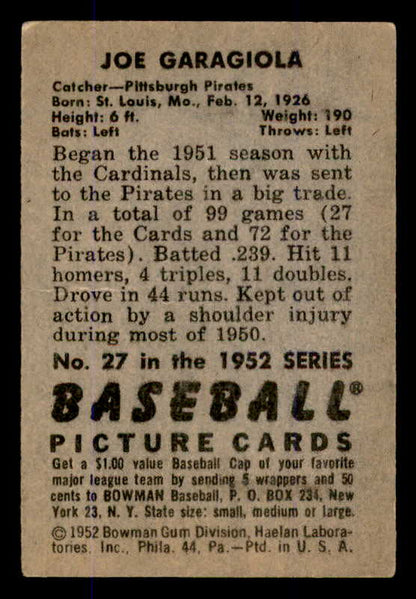1952 Bowman Baseball #027 Joe Garagiola Pirates VG-EX 545918