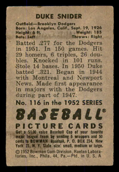 1952 Bowman Baseball #116 Duke Snider Dodgers VG 545924