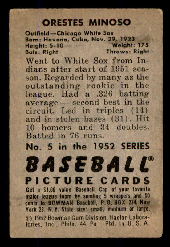 1952 Bowman Baseball #005 Minnie Minoso White Sox VG-EX 545926