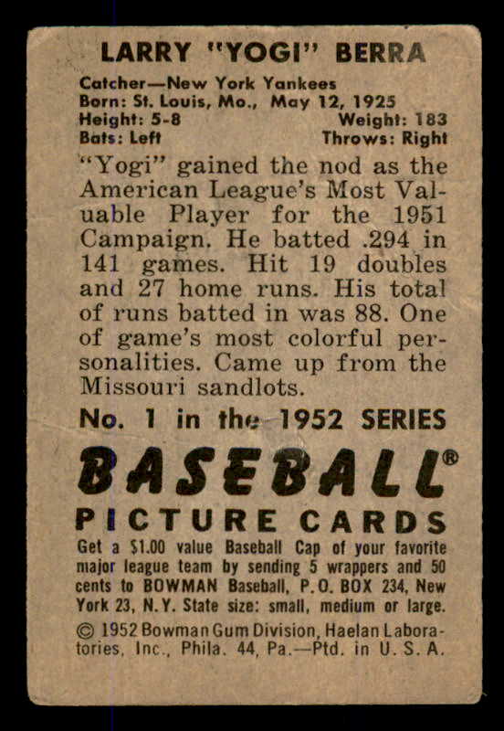 1952 Bowman Baseball #001 Yogi Berra Yankees FR-GD 545928