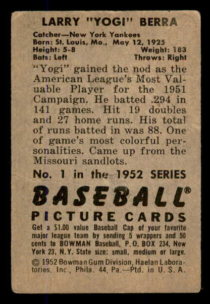 1952 Bowman Baseball #001 Yogi Berra Yankees FR-GD 545928