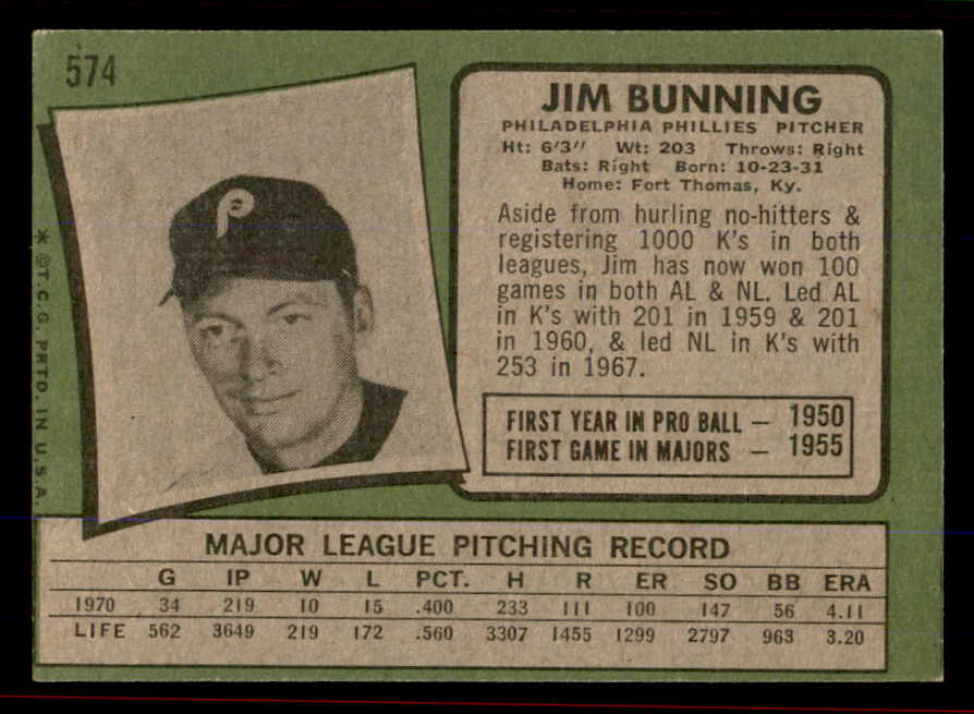 1971 Topps Baseball #574 Jim Bunning Phillies EX-MT 545938