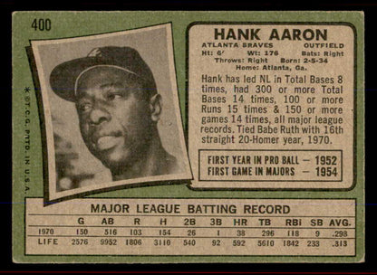 1971 Topps Baseball #400 Hank Aaron Braves EX-MT/NR-MT 545944