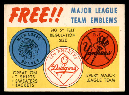 1958 Topps Baseball Felt Emblem Card EX-MT/NR-MT 545982