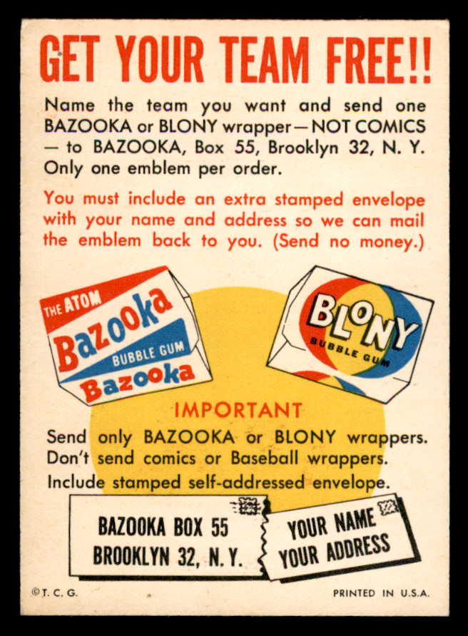1958 Topps Baseball Felt Emblem Card EX-MT/NR-MT 545982