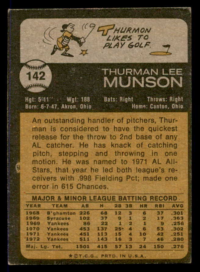 1973 Topps Baseball #142 Thurman Munson Yankees VG-EX 546043