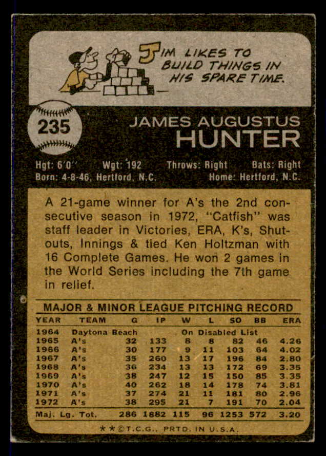 1973 Topps Baseball #235 Catfish Hunter A's EX 546052