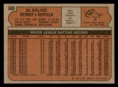 1972 Topps Baseball #600 Al Kaline Tigers VG-EX 546067