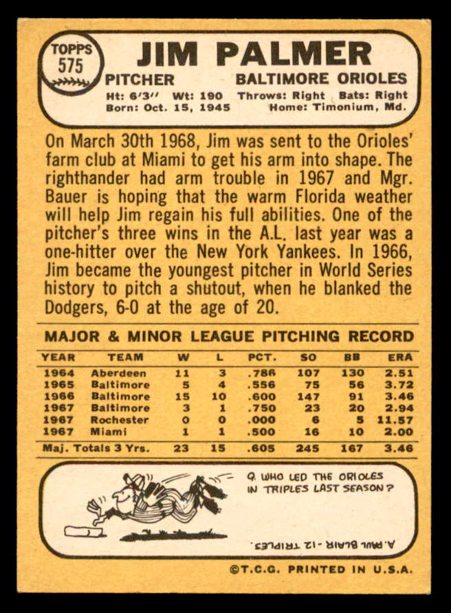 1968 Topps Baseball #575 Jim Palmer Orioles EX-MT 546095