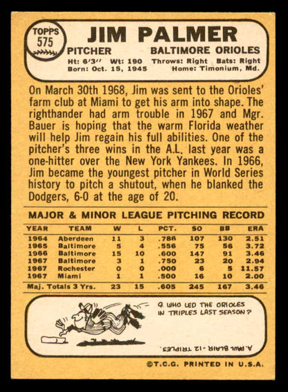 1968 Topps Baseball #575 Jim Palmer Orioles EX-MT 546095