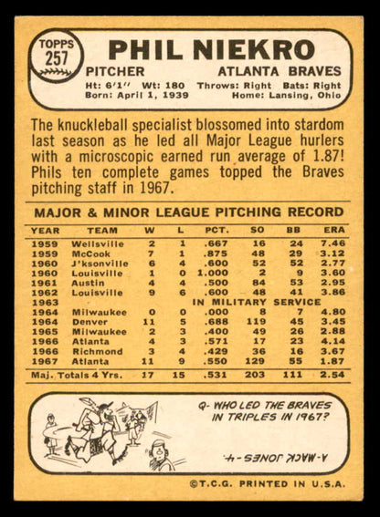 1968 Topps Baseball #257 Phil Niekro Braves VG-EX 546100