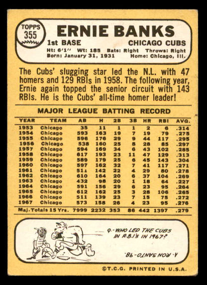 1968 Topps Baseball #355 Ernie Banks Cubs EX 546115