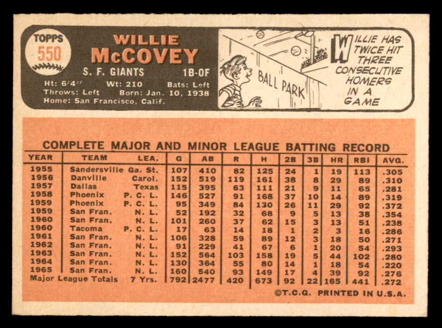 1966 Topps Baseball #550 Willie McCovey Giants EX-MT 546211