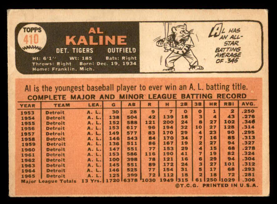 1966 Topps Baseball #410 Al Kaline Tigers VG-EX 546216