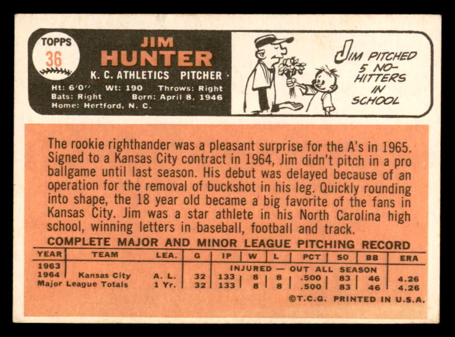 1966 Topps Baseball #036 Catfish Hunter A's VG-EX 546217