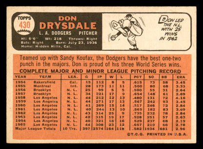 1966 Topps Baseball #430 Don Drysdale Dodgers VG-EX 546220