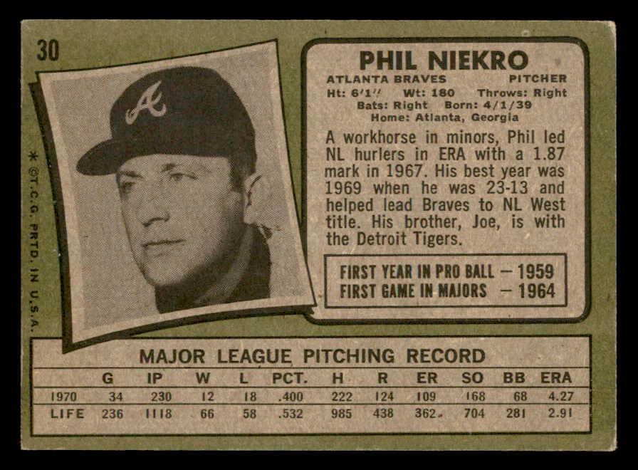 1971 Topps Baseball #030 Phil Niekro Braves VG-EX 546284