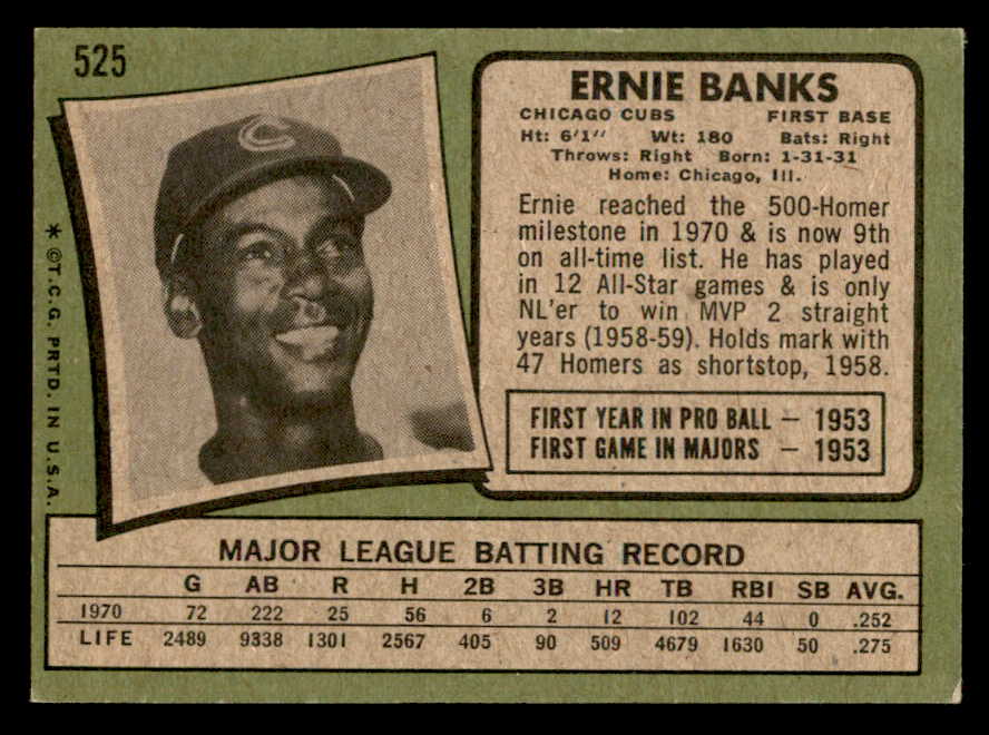 1971 Topps Baseball #525 Ernie Banks Cubs EX+/EX-MT 546289