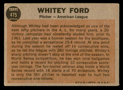 1962 Topps #475 Whitey Ford A.S. Yankees Signed Autographed