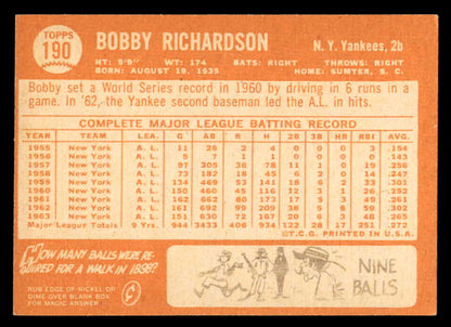 1964 Topps #190 Bobby Richardson Yankees Signed Autographed