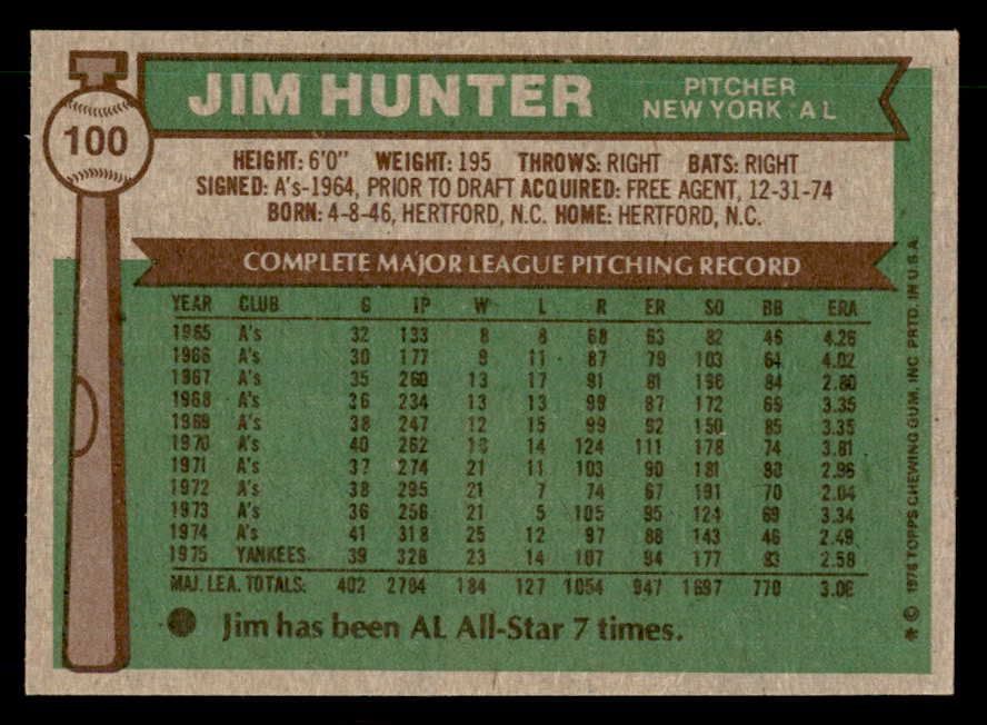 1976 Topps #100 Catfish Hunter Yankees Signed Autographed