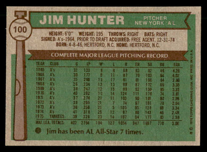 1976 Topps #100 Catfish Hunter Yankees Signed Autographed