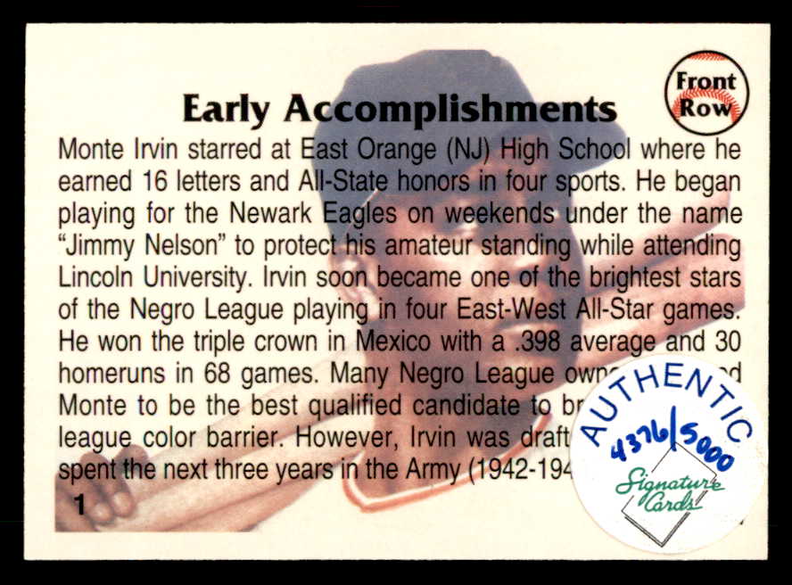 1992 Front Row #001 Monte Irvin Giants Signed Autographed