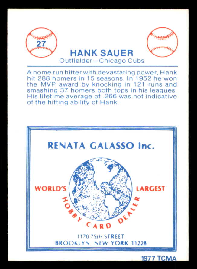 1977 TCMA #027 Hank Sauer Cubs Signed Autographed