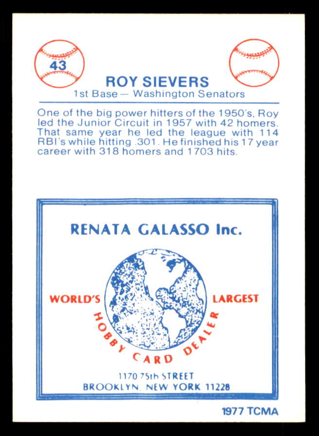 1977 TCMA #043 Roy Sievers Senators Signed Autographed