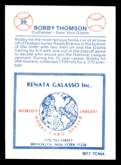 1977 TCMA #039 Bobby Thomson Giants Signed Autographed