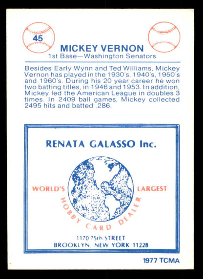 1977 TCMA #045 Mickey Vernon Senators Signed Autographed